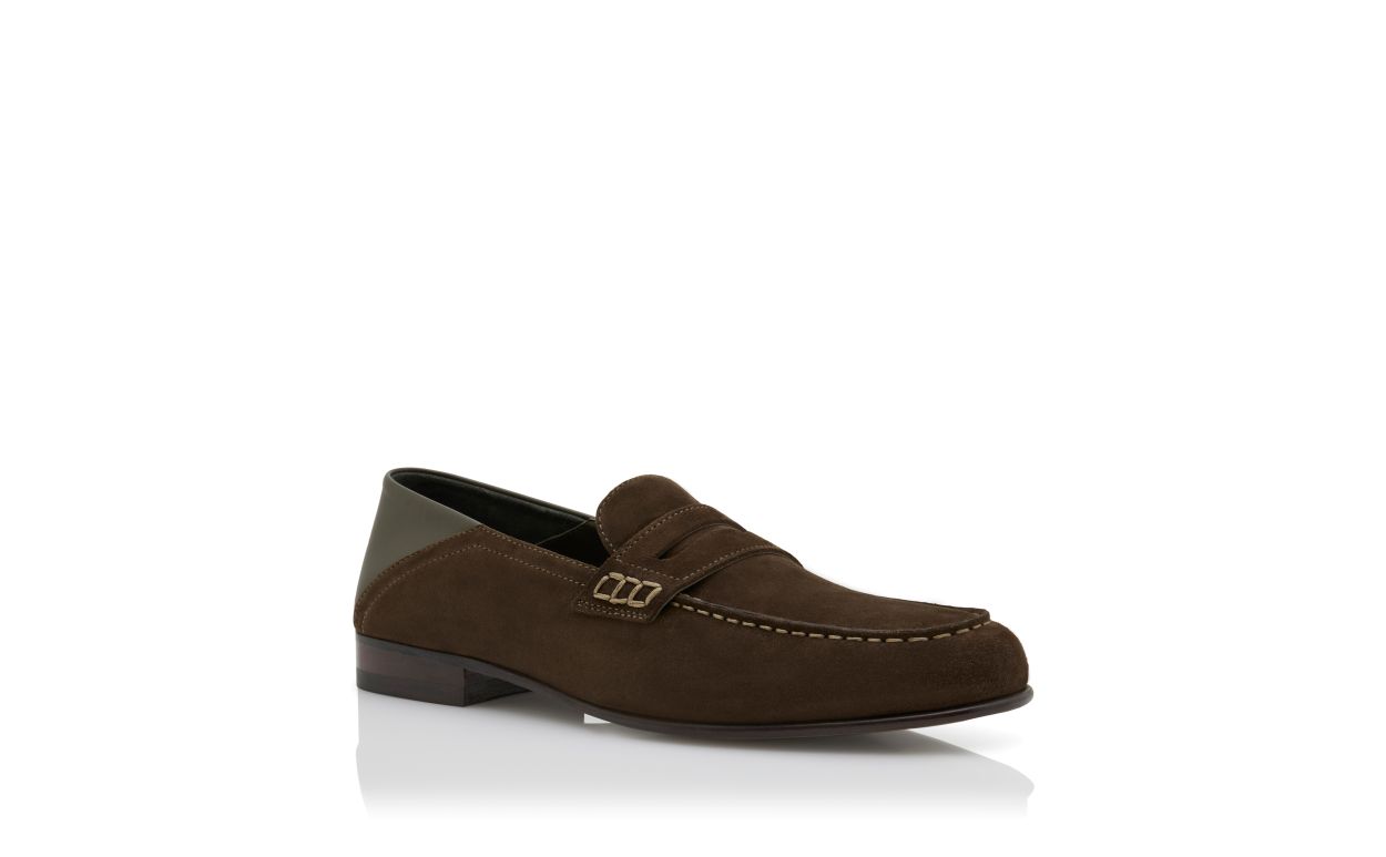 Designer Dark Khaki Suede Penny Loafers - Image Upsell