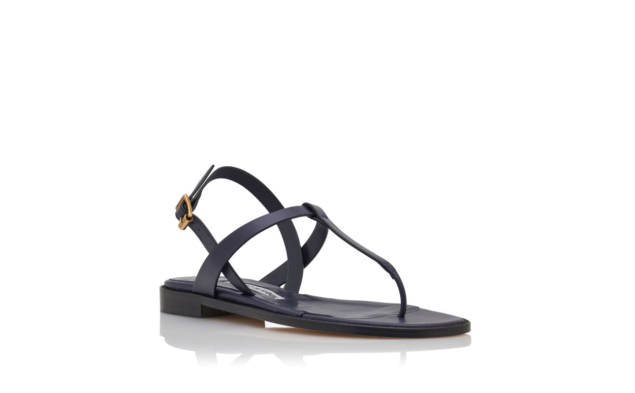 Designer Navy Blue Calf Leather Flat Sandals - Image Upsell