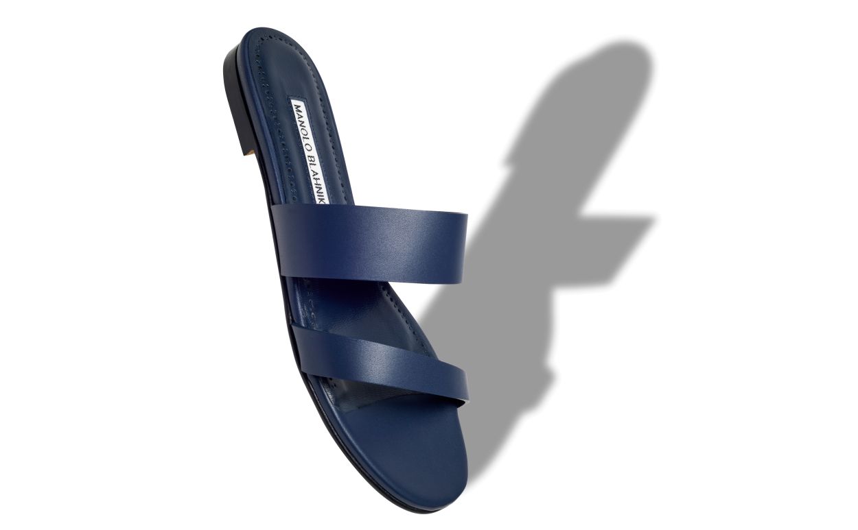 Manolo Blahnik Serrato Navy Blue Calf Leather Flat Sandals