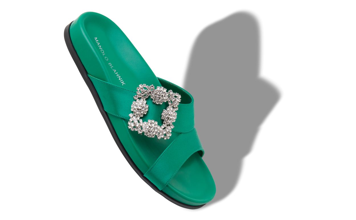 Designer Green Satin Jewel Buckle Flat Mules - Image Main