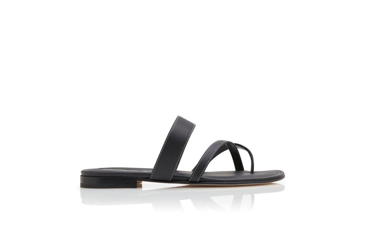 Designer Black Calf Leather Crossover Flat Sandals - Image thumbnail