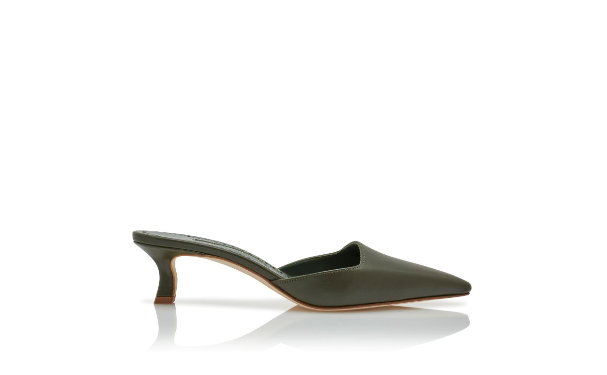 Designer Dark Green Nappa Leather Square Cut Mules - Image Side View
