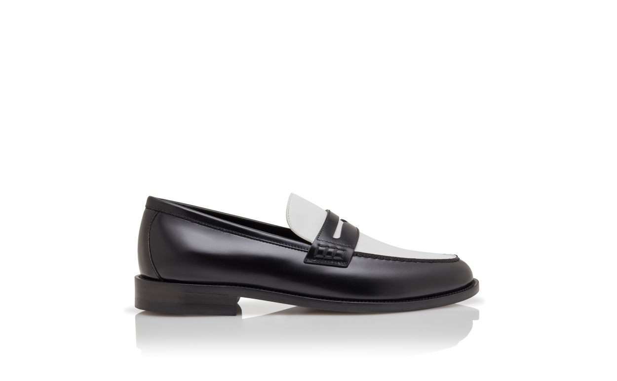 Designer Black and White Calf Leather Penny Loafers - Image Side View