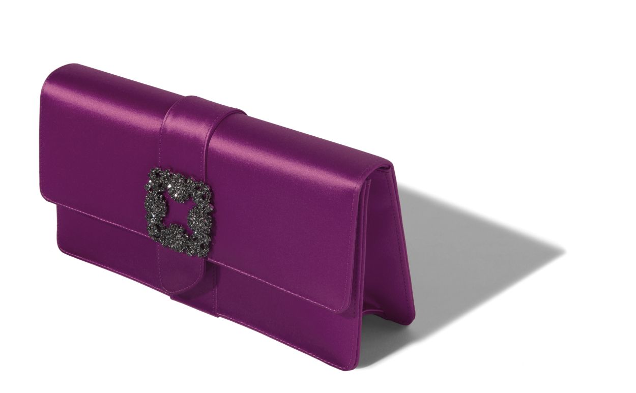 Designer Dark Fuchsia Satin Jewel Buckle Clutch - Image Main