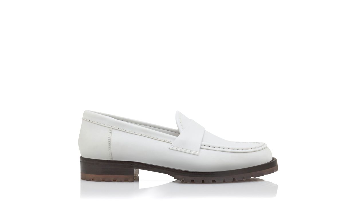 Designer White Calf Leather Penny Loafers - Image Side View
