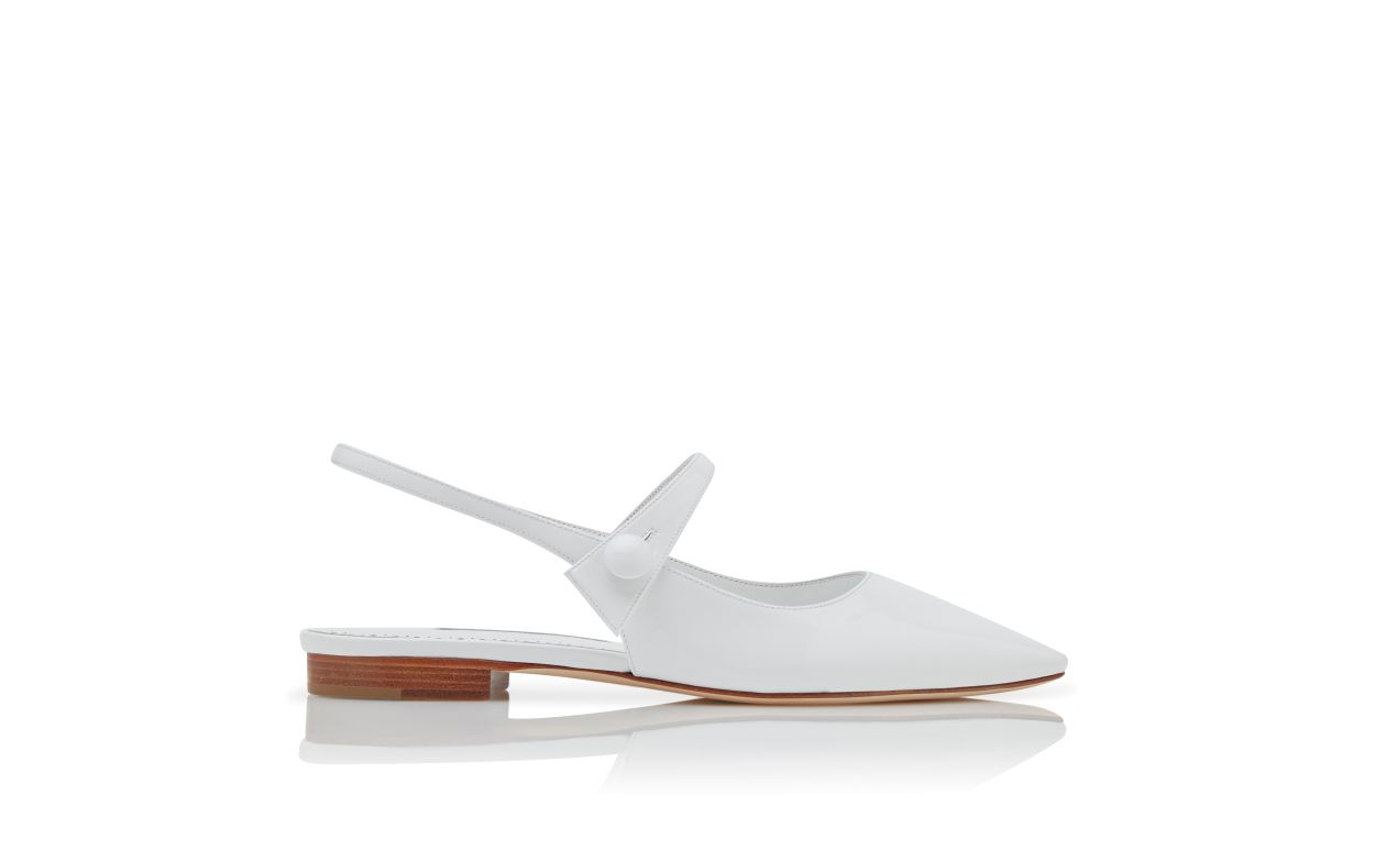 Designer White Patent Leather Slingback Flat Pumps  - Image Side View