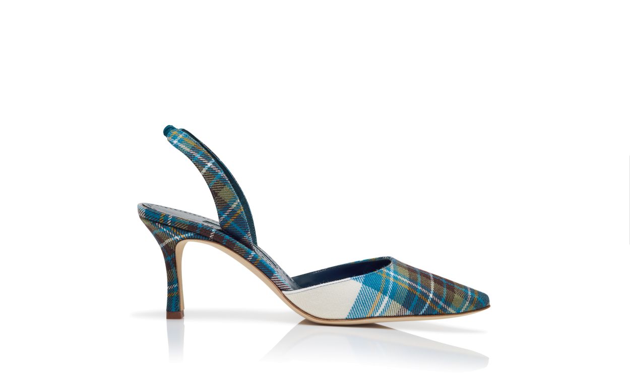 Designer Blue Wool Tartan Slingback Pumps - Image Side View