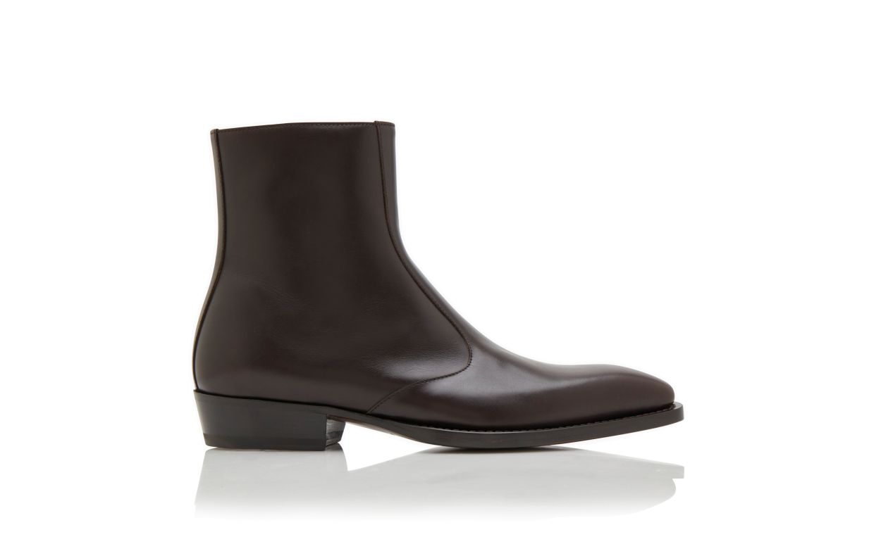 Designer Brown Calf Leather Ankle Boots - Image Side View
