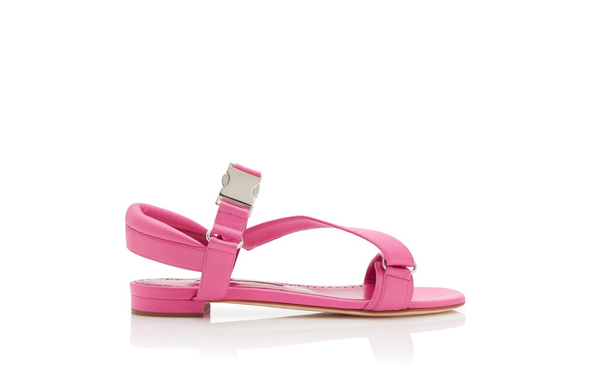 Designer Pink Nappa Leather Buckle Detail Flat Sandals  - Image Side View