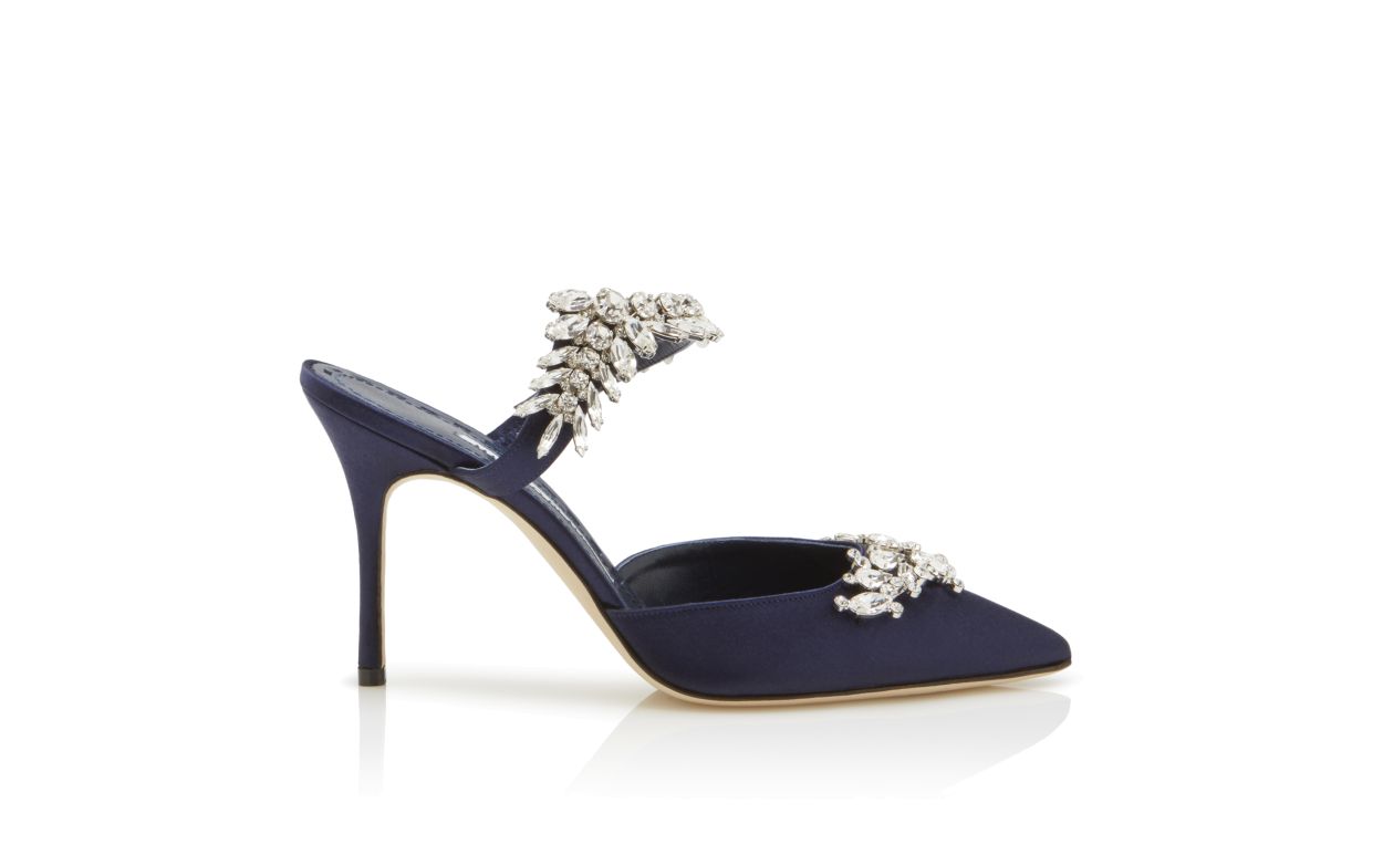 Designer Navy Satin Crystal Embellished Mules - Image thumbnail