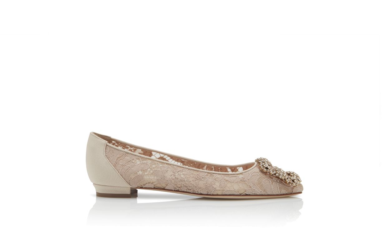 Designer Pink Champagne Lace Jewel Buckle Flat Pumps - Image thumbnail