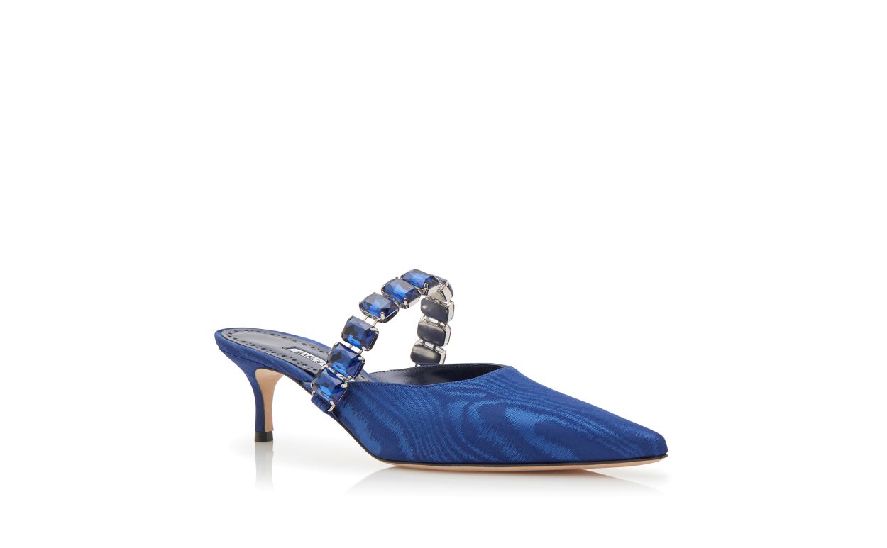 HUMIBAMU | Blue Moire Jewel Strap Mules | Manolo Blahnik