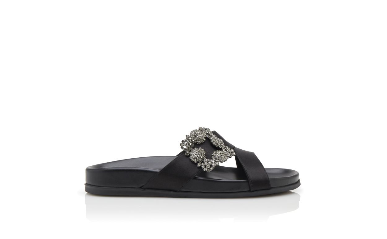 Designer Black Satin Jewel Buckle Flat Mules  - Image thumbnail