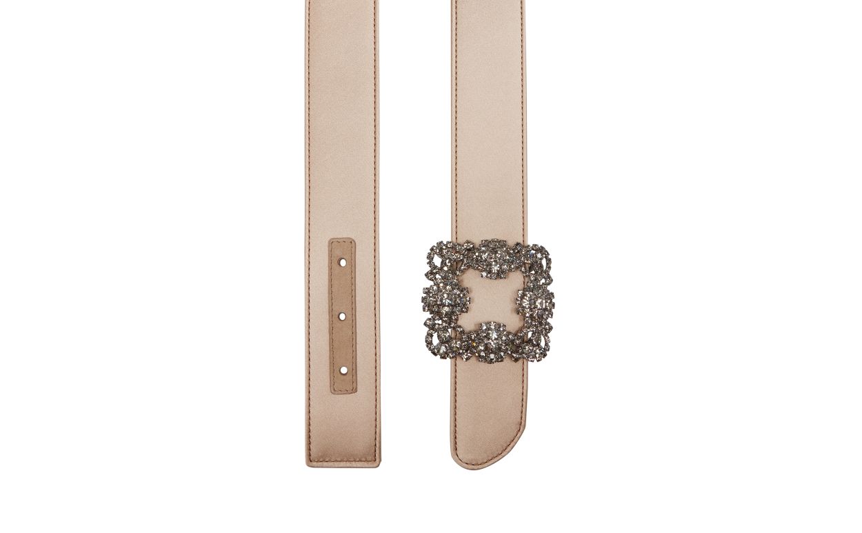 Designer Light Beige Satin Crystal Buckled Belt - Image 