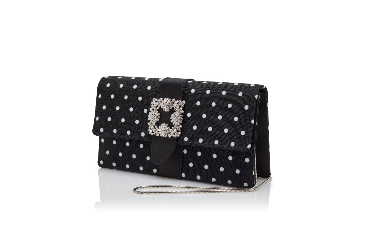 Designer Black and White Satin Jewel Buckle Clutch - Image 
