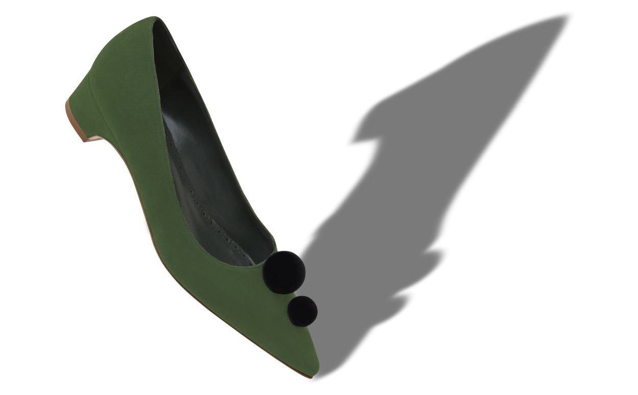 Designer Green and Black Suede Pom Pom Detail Pumps - Image Main