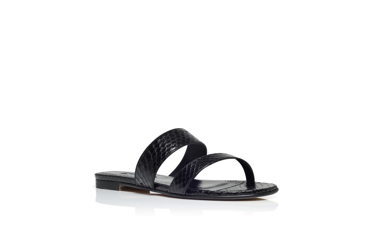 Designer Black Snakeskin Flat Sandals - Image Upsell