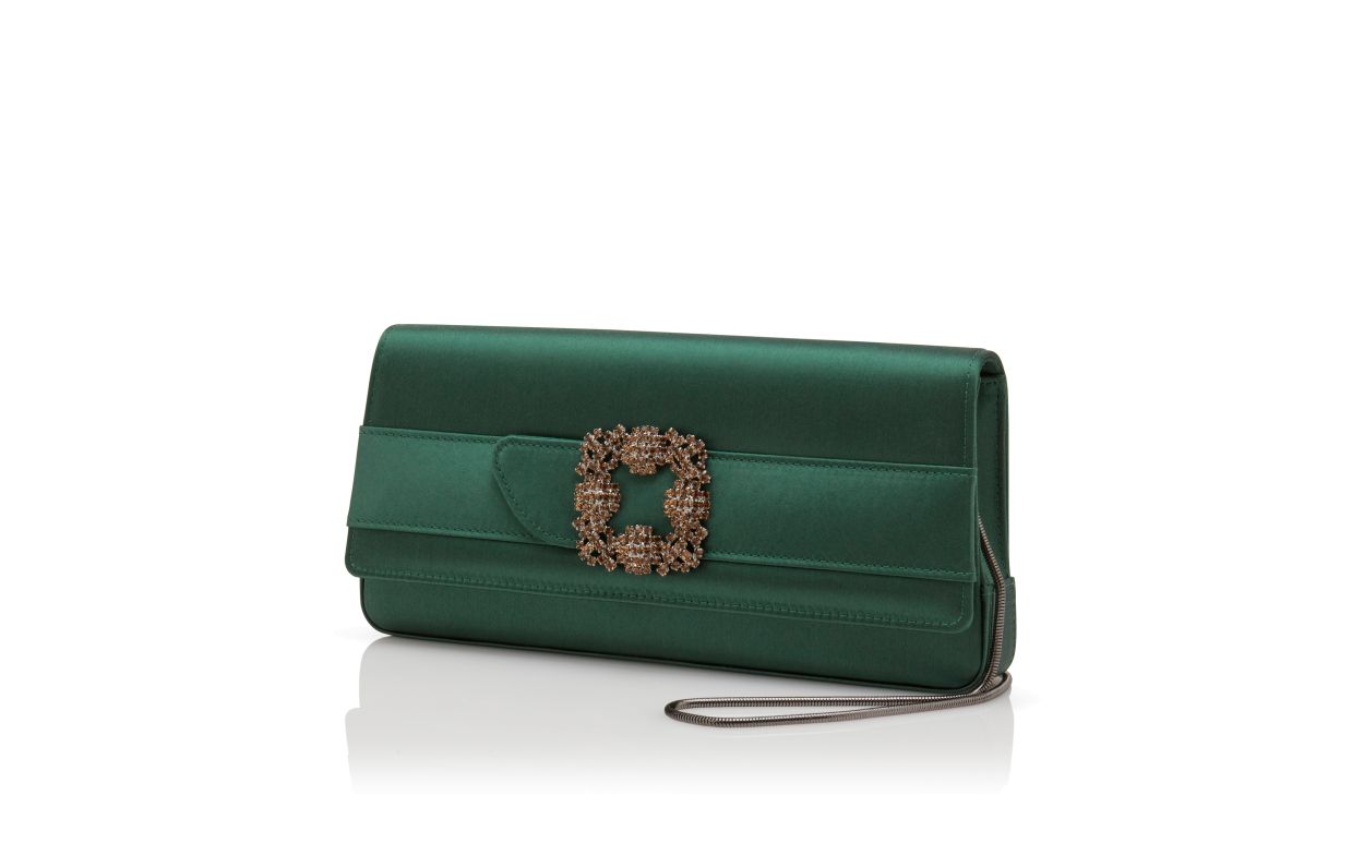 Designer Dark Green Satin Jewel Buckle Clutch - Image 