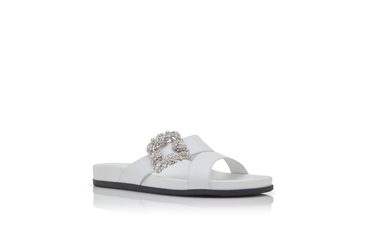 Designer White Calf Leather Jewel Buckle Flat Mules - Image Upsell