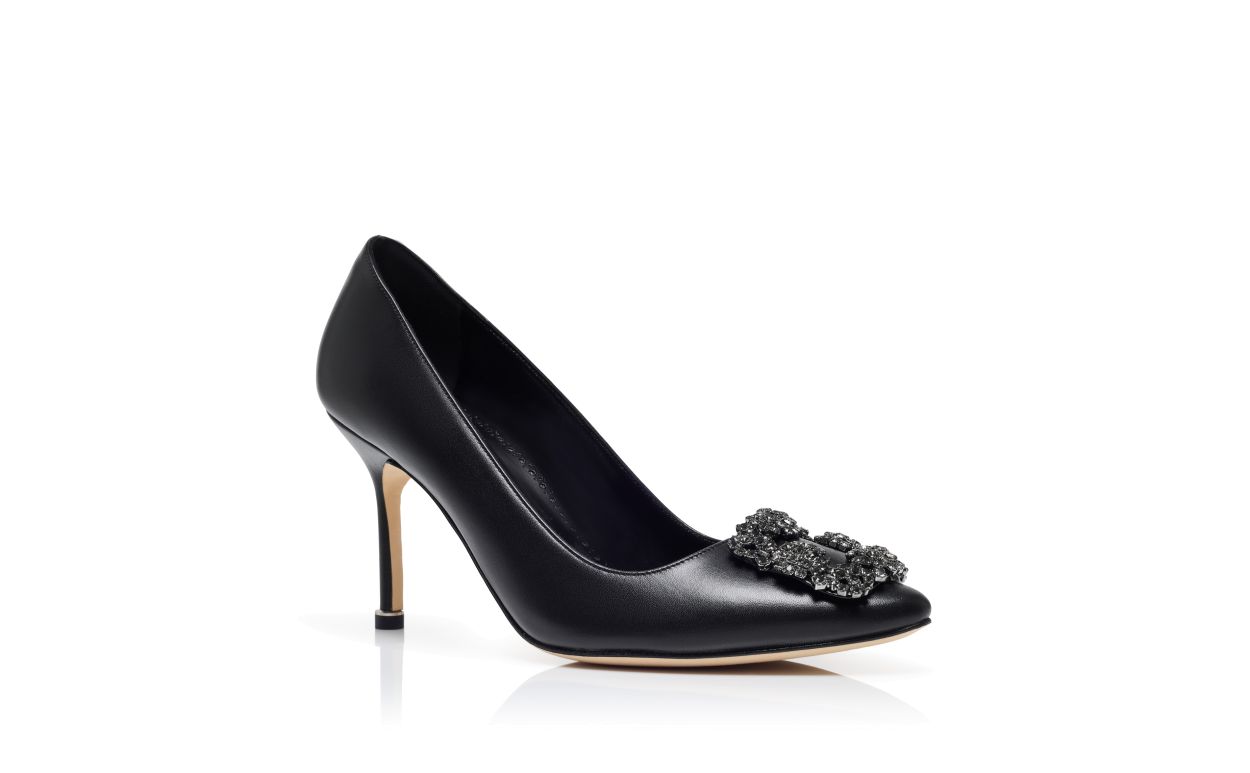 Designer Black Leather Jewel Buckle Pumps - Image Upsell View
