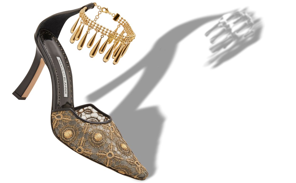 Designer Black and Gold Lace Embellished Pumps - Image Main View