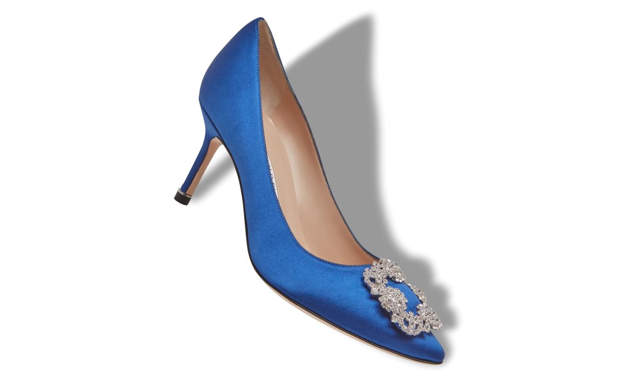 Designer Blue Satin Jewel Buckle Pumps - Image Main