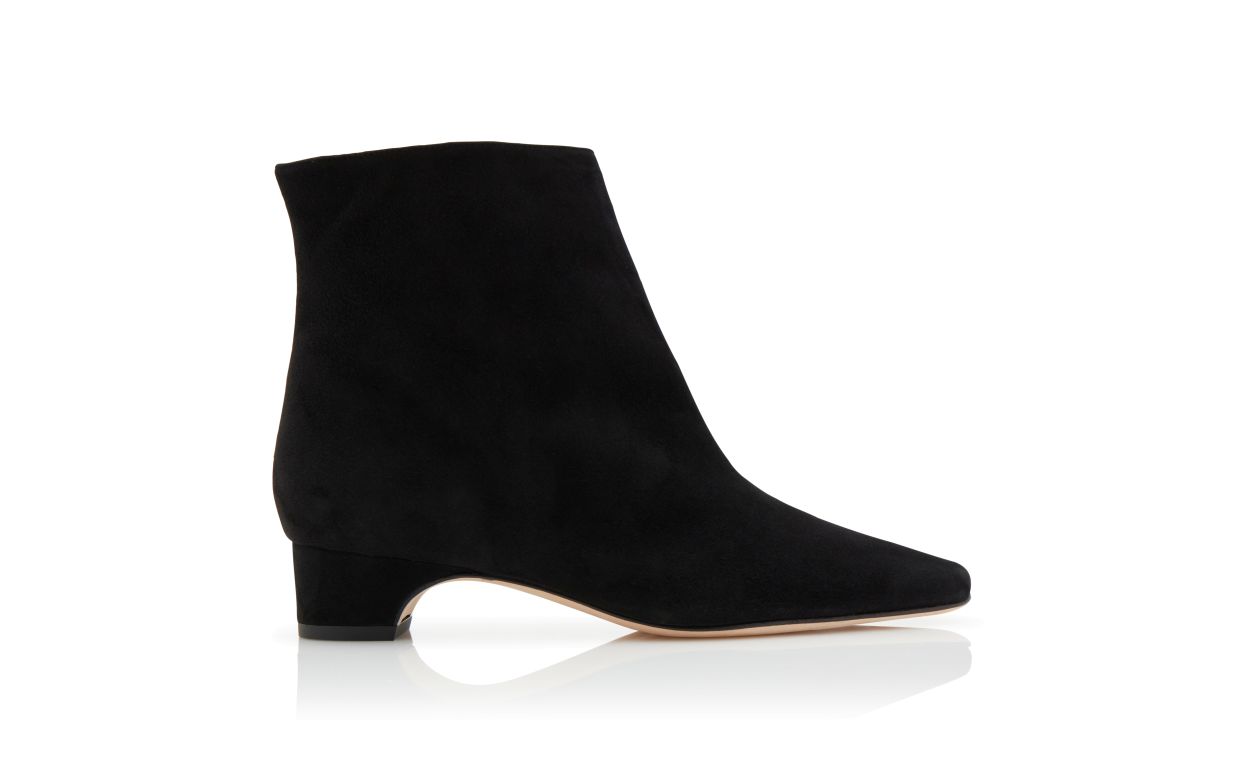 Designer Black Suede Block Heel Ankle Boots - Image Side View
