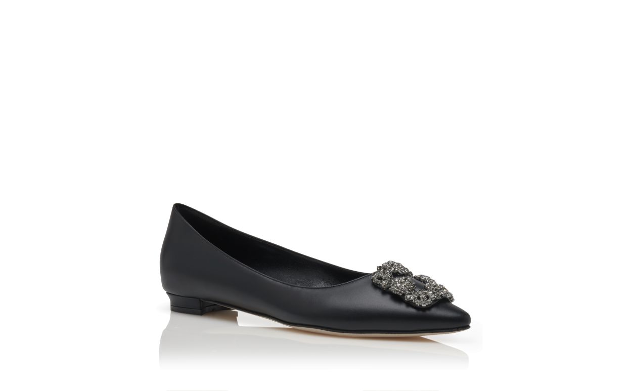 Designer Black Calf Leather Jewel Buckle Flat Pumps - Image Upsell