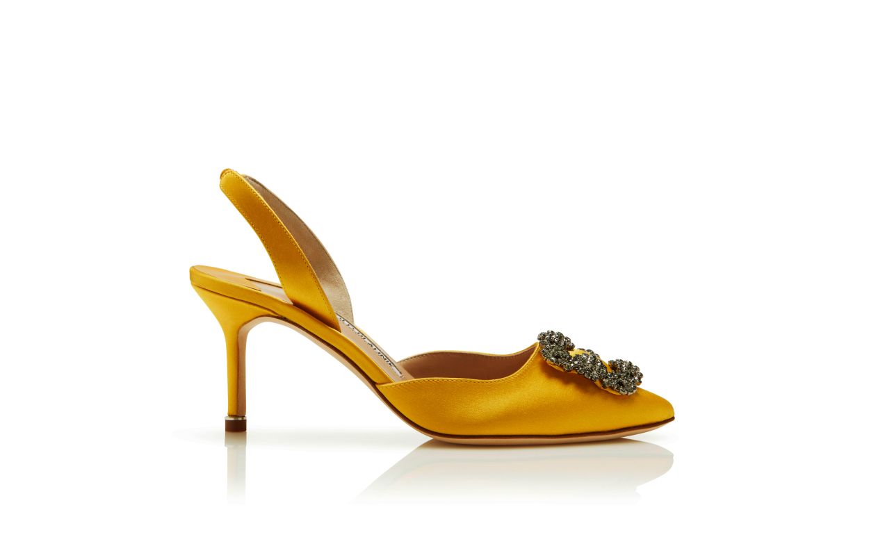 Designer Yellow Satin Jewel Buckle Slingback Pumps - Image Side View