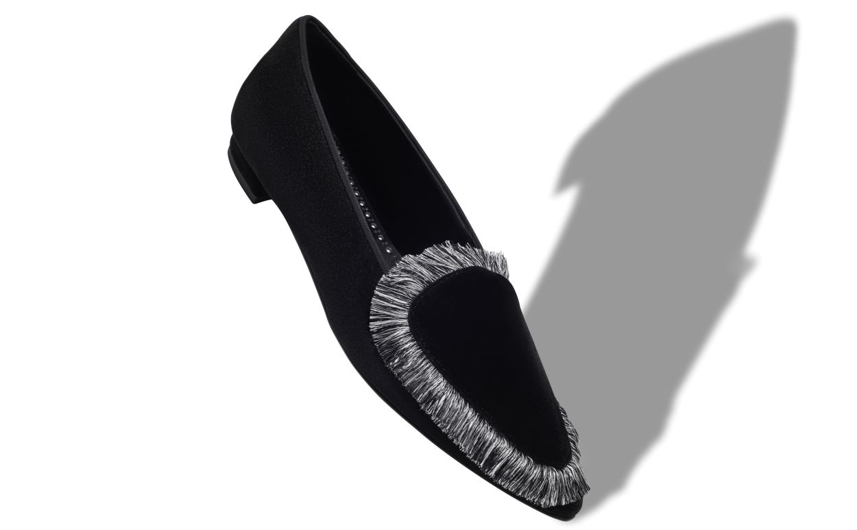 Designer Black Velvet Fringe Detail Loafers - Image Main View