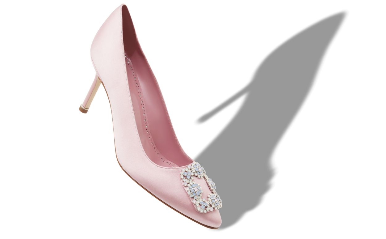 Designer Light Pink Satin Jewel Buckle Pumps - Image Main