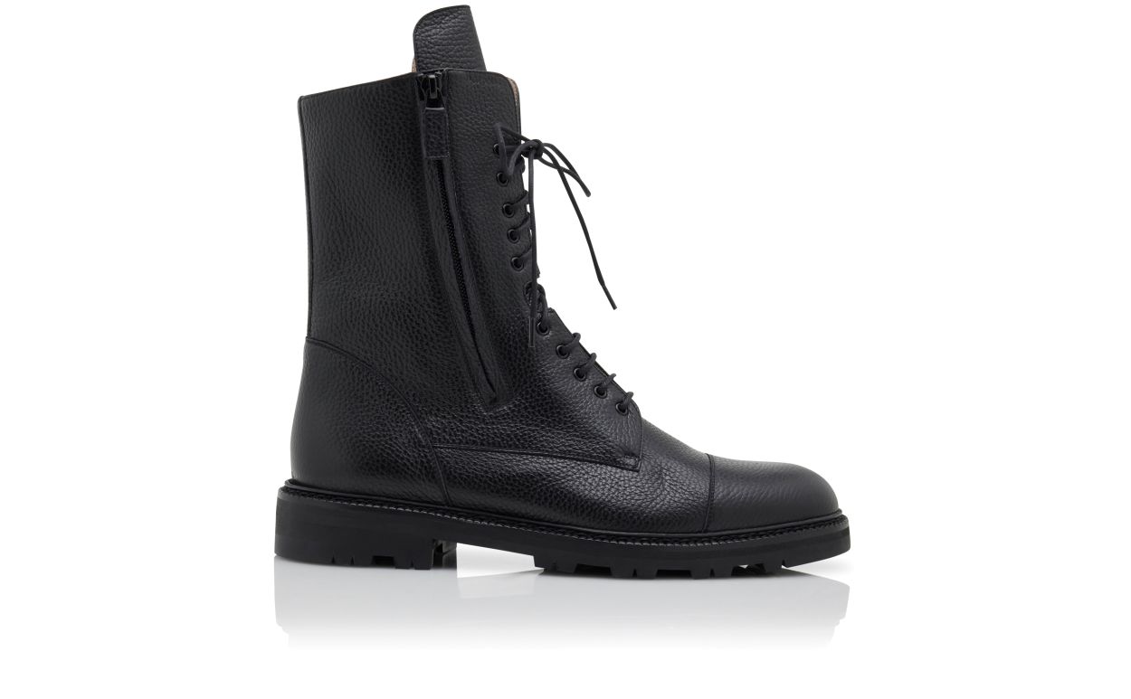 Designer Black Calf Leather Military Boots  - Image Side View