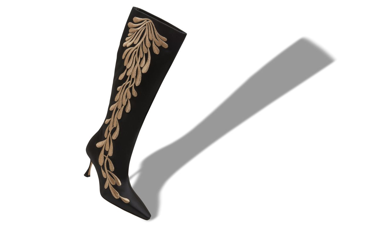 Designer Black and Gold Satin Knee High Boots - Image Main View
