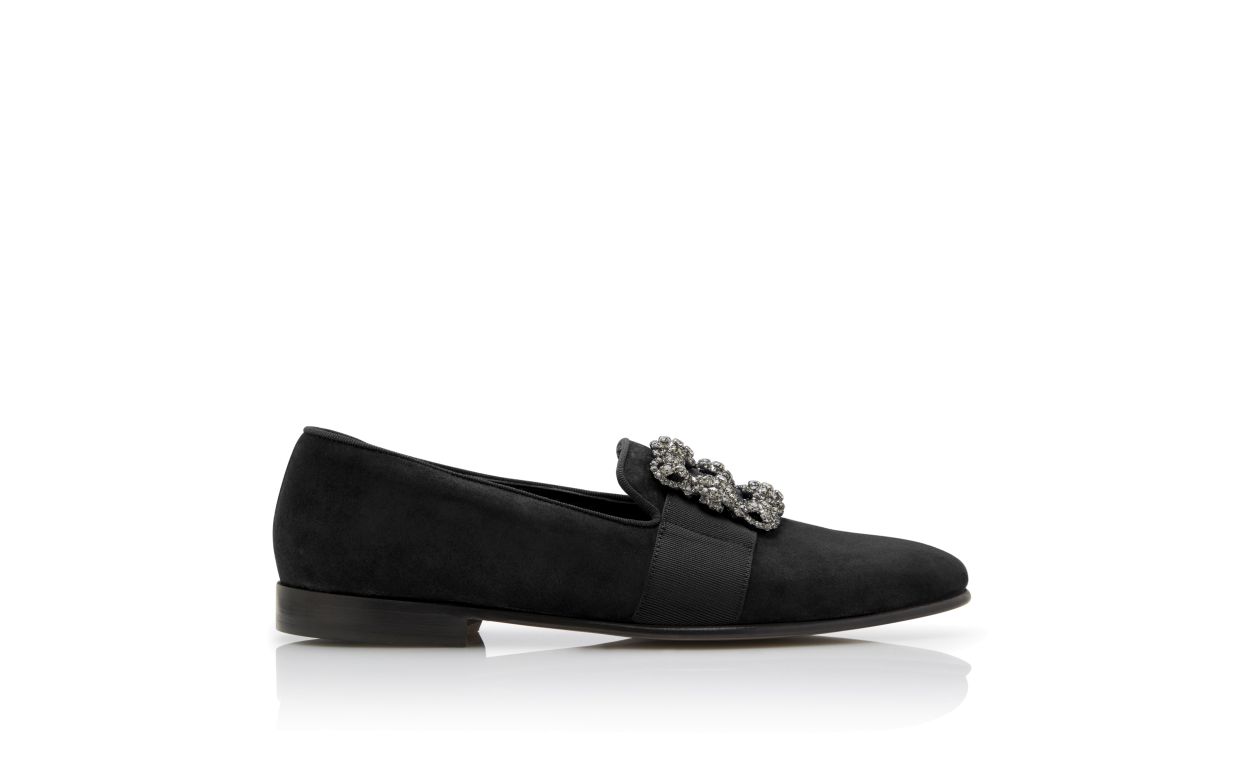 Designer Black Suede Jewelled Buckle Loafers - Image thumbnail