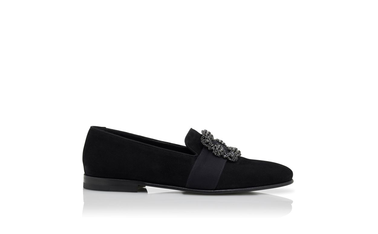 Designer Black Suede Jewel Buckled Loafers - Image thumbnail