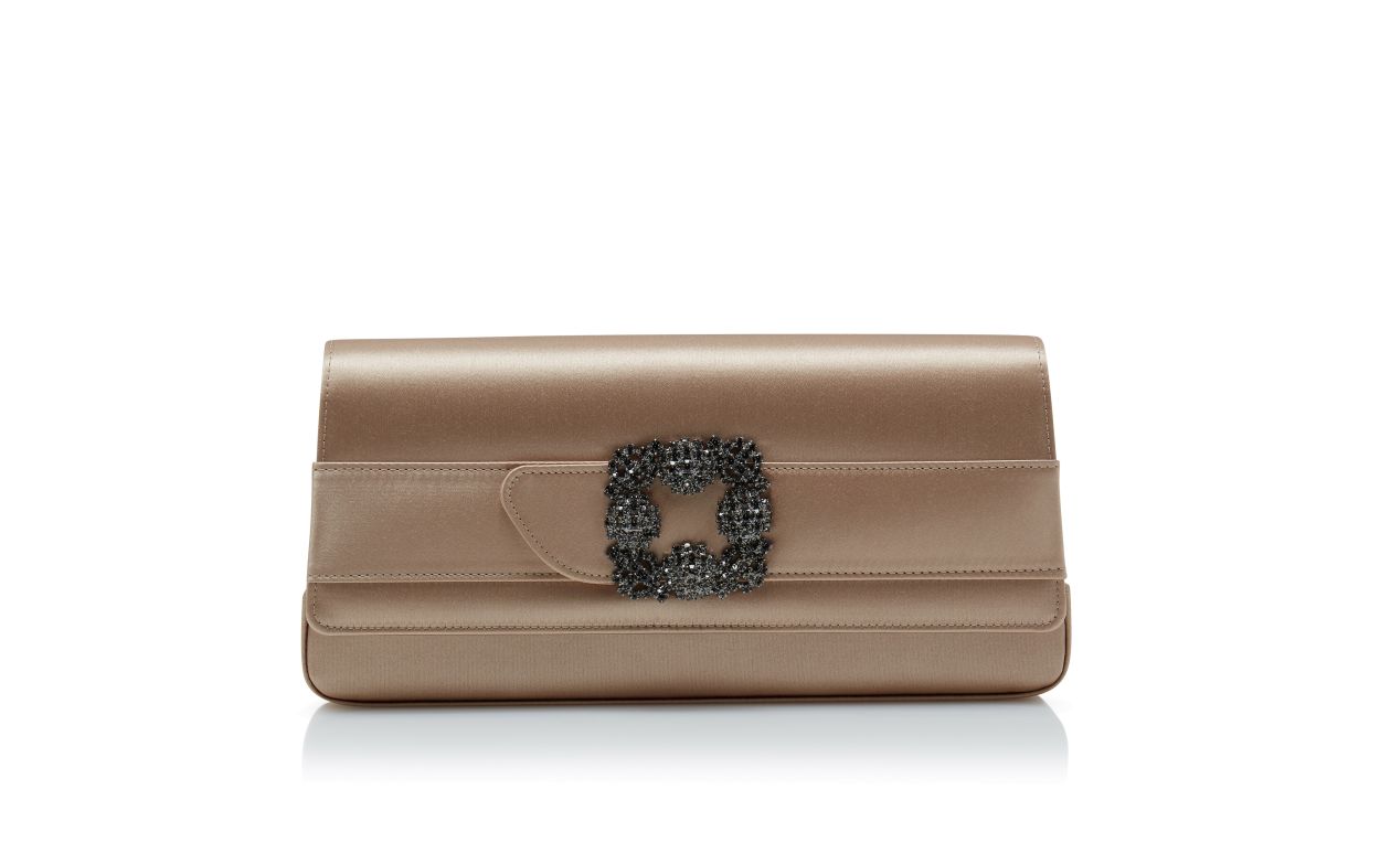 Designer Light Beige Satin Jewel Buckle Clutch - Image thumbnail