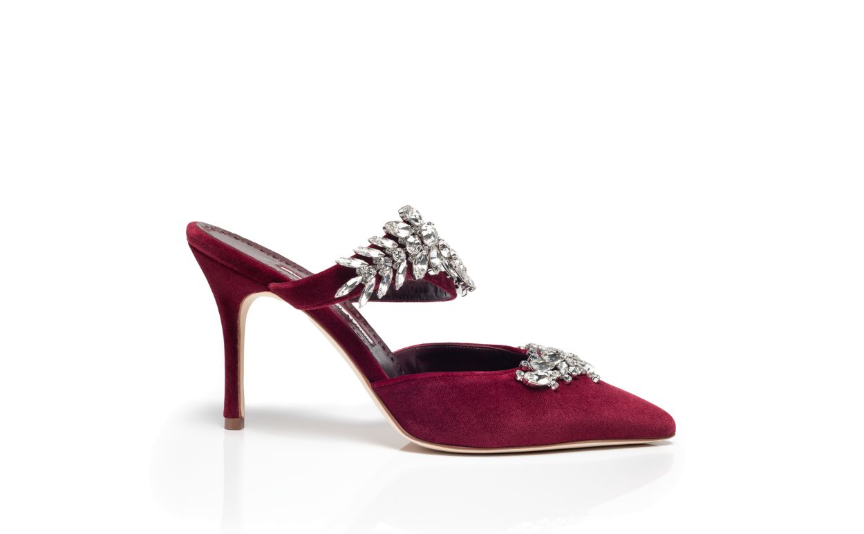 Designer Dark Red Velvet Crystal Embellished Mules - Image Side View