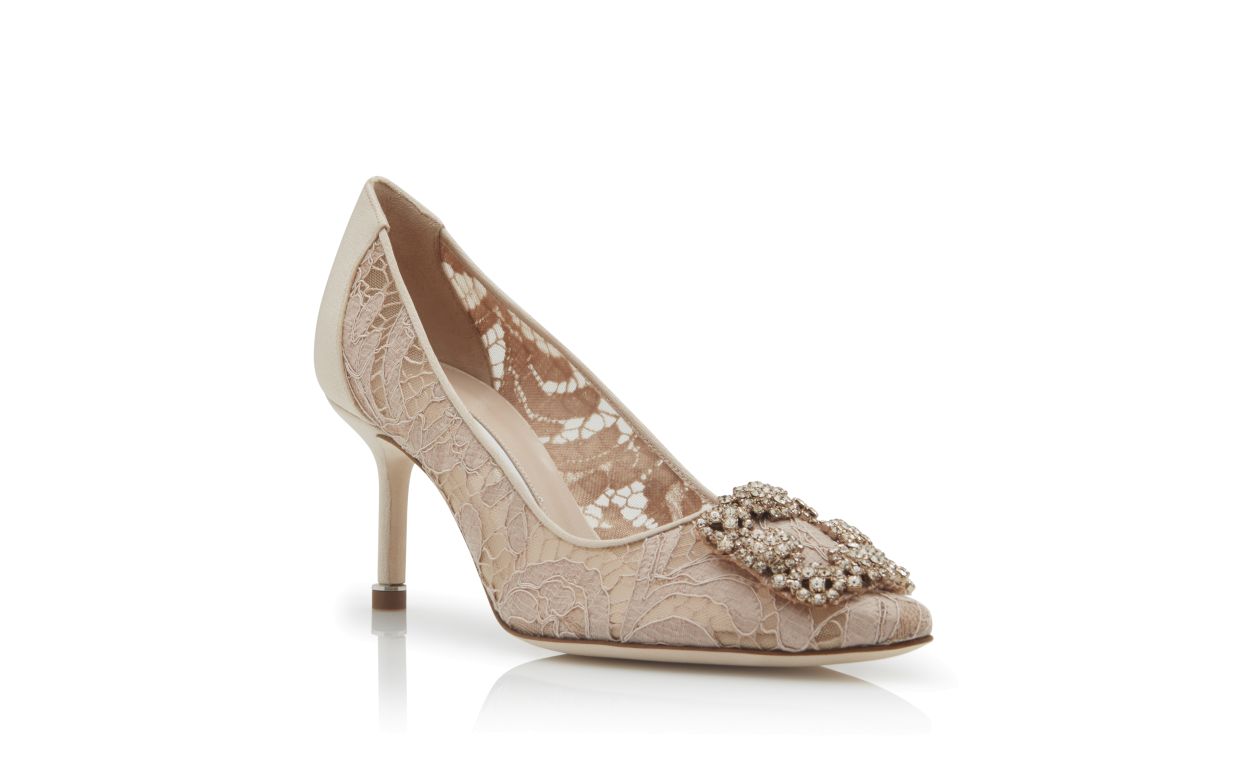 Designer Pink Champagne Lace Jewel Buckle Pumps - Image Upsell