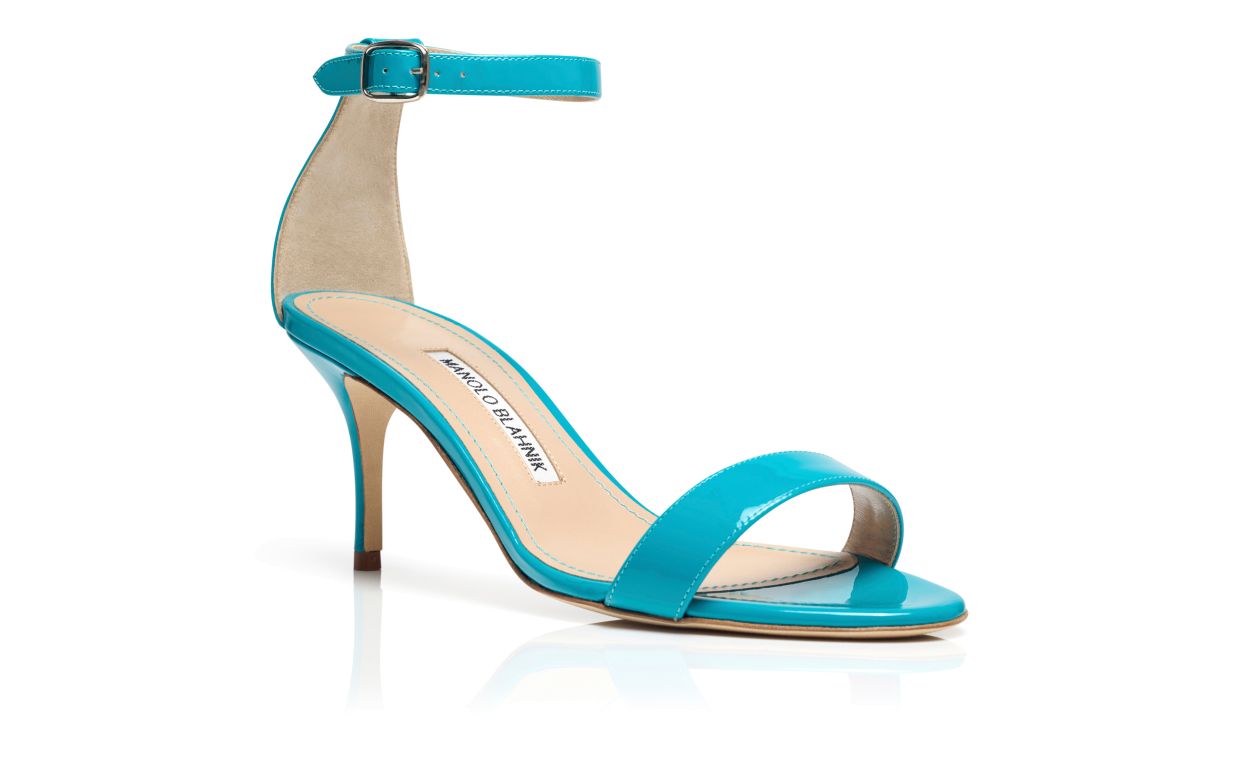 Designer Turquoise Patent Leather Ankle Strap Sandals - Image Upsell