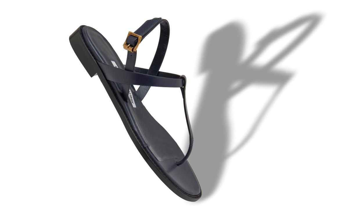 Designer Navy Blue Calf Leather Flat Sandals - Image Main