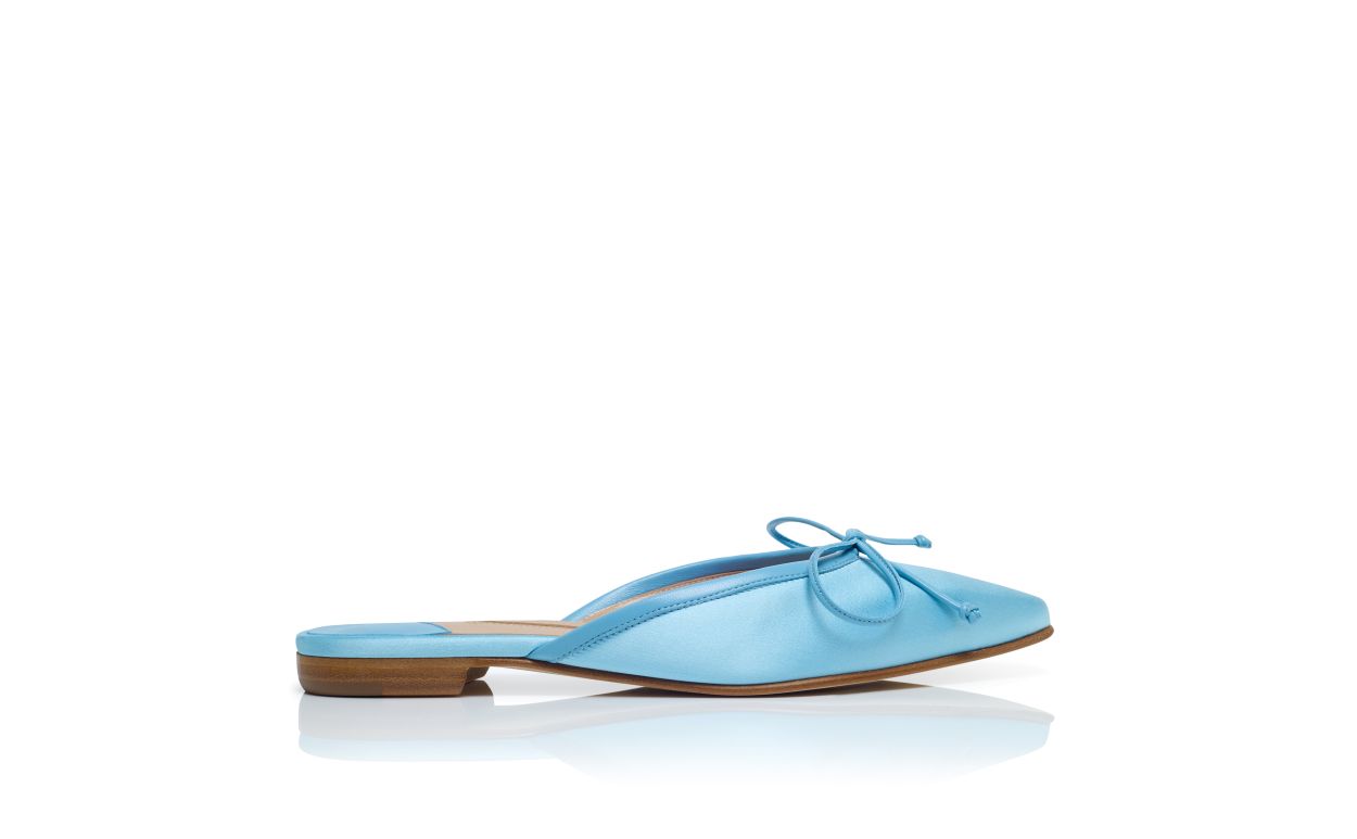 Designer Light Blue Satin Flat Mules - Image Side View