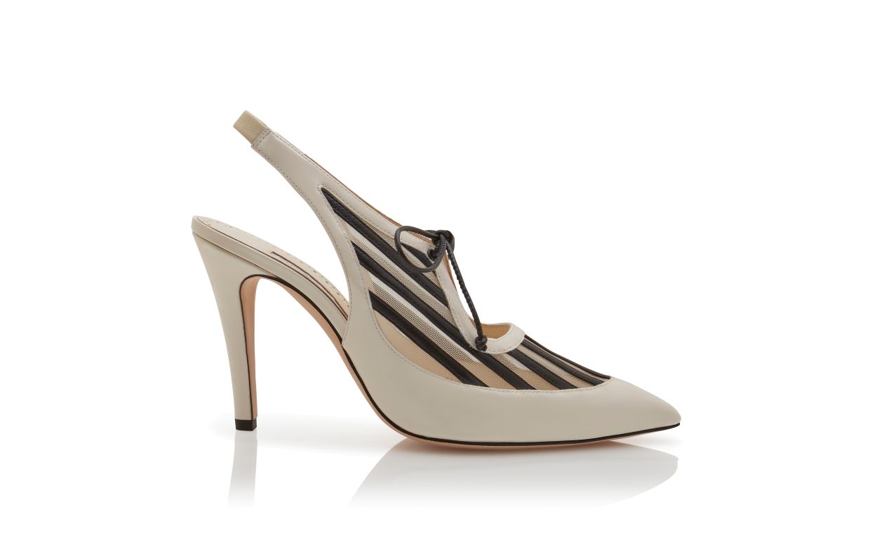Designer Light Cream and Black Patent Leather Slingback Pumps  - Image Side View