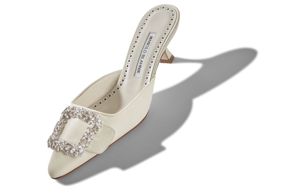 Designer Cream Crepe de Chine Jewel Buckle Mules - Image Main