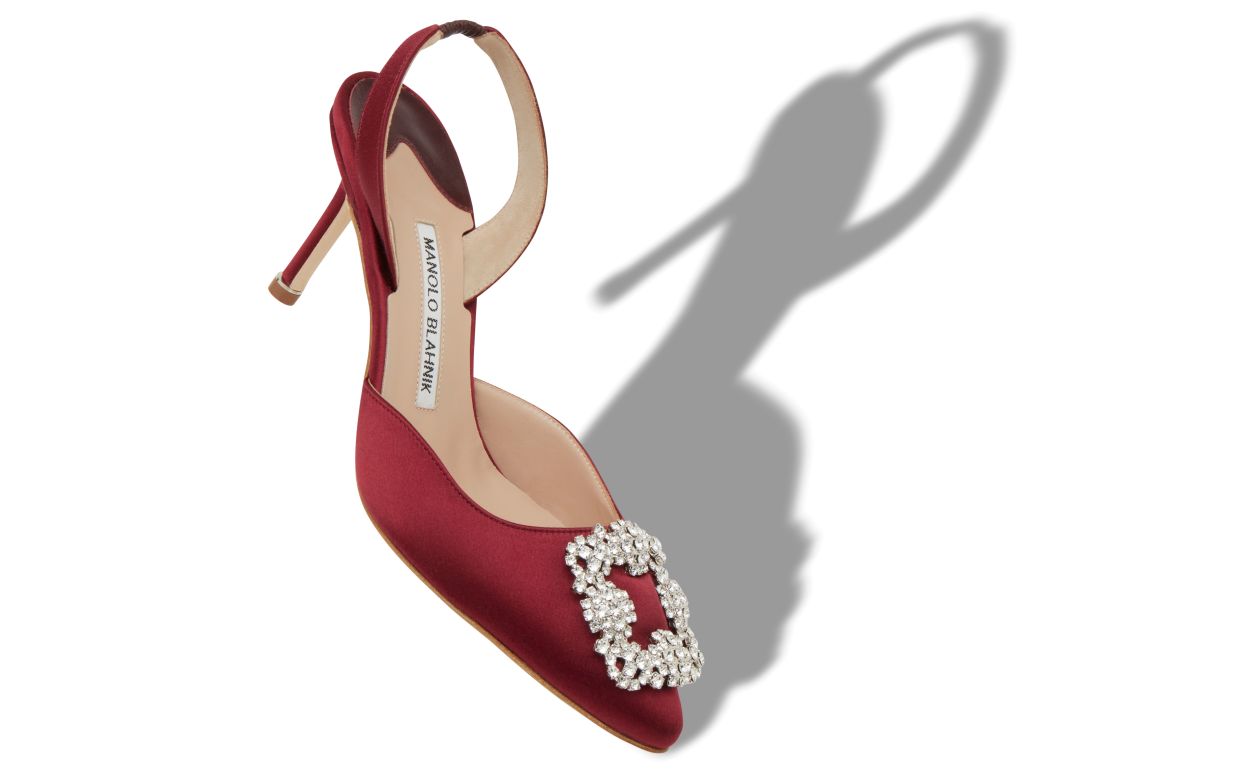 Designer Dark Red Satin Jewel Buckle Slingback Pumps - Image Main