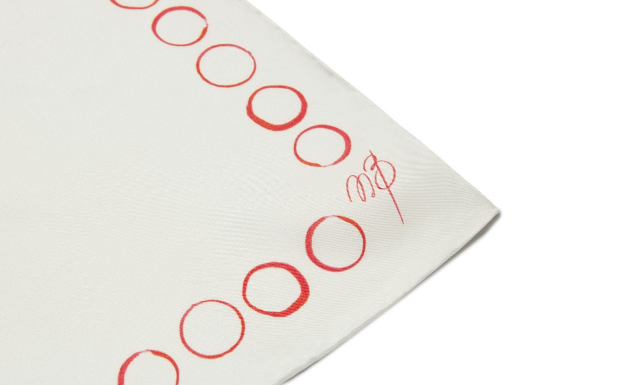 Designer Ivory and Red Silk Circle Print Pocket Square - Image 