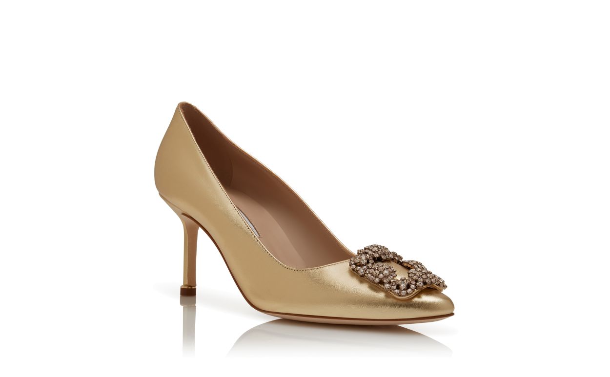 Designer Gold Nappa Leather Jewel Buckle Pumps
 - Image Upsell View