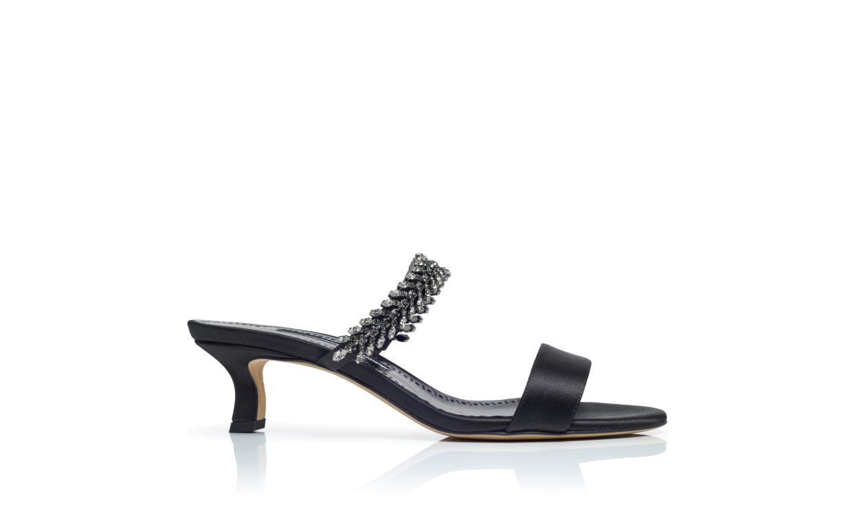 Designer Black Satin Jewel Embellished Mules - Image Side View