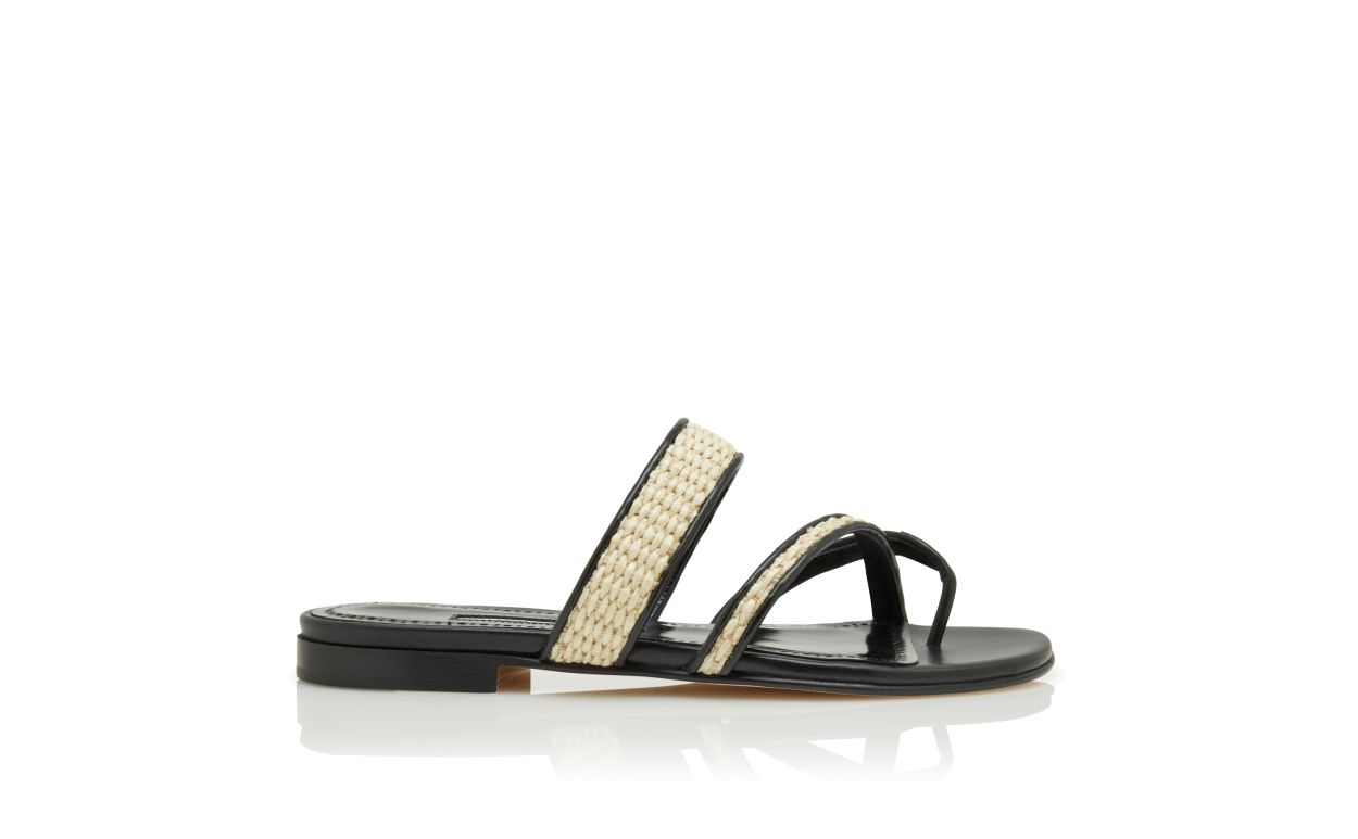 Designer Black and Beige Raffia Flat Sandals  - Image Side View