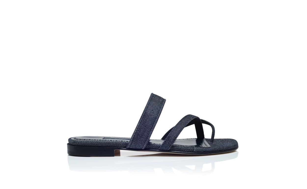 Designer Dark Blue Chambray  Flat Sandals - Image Side View