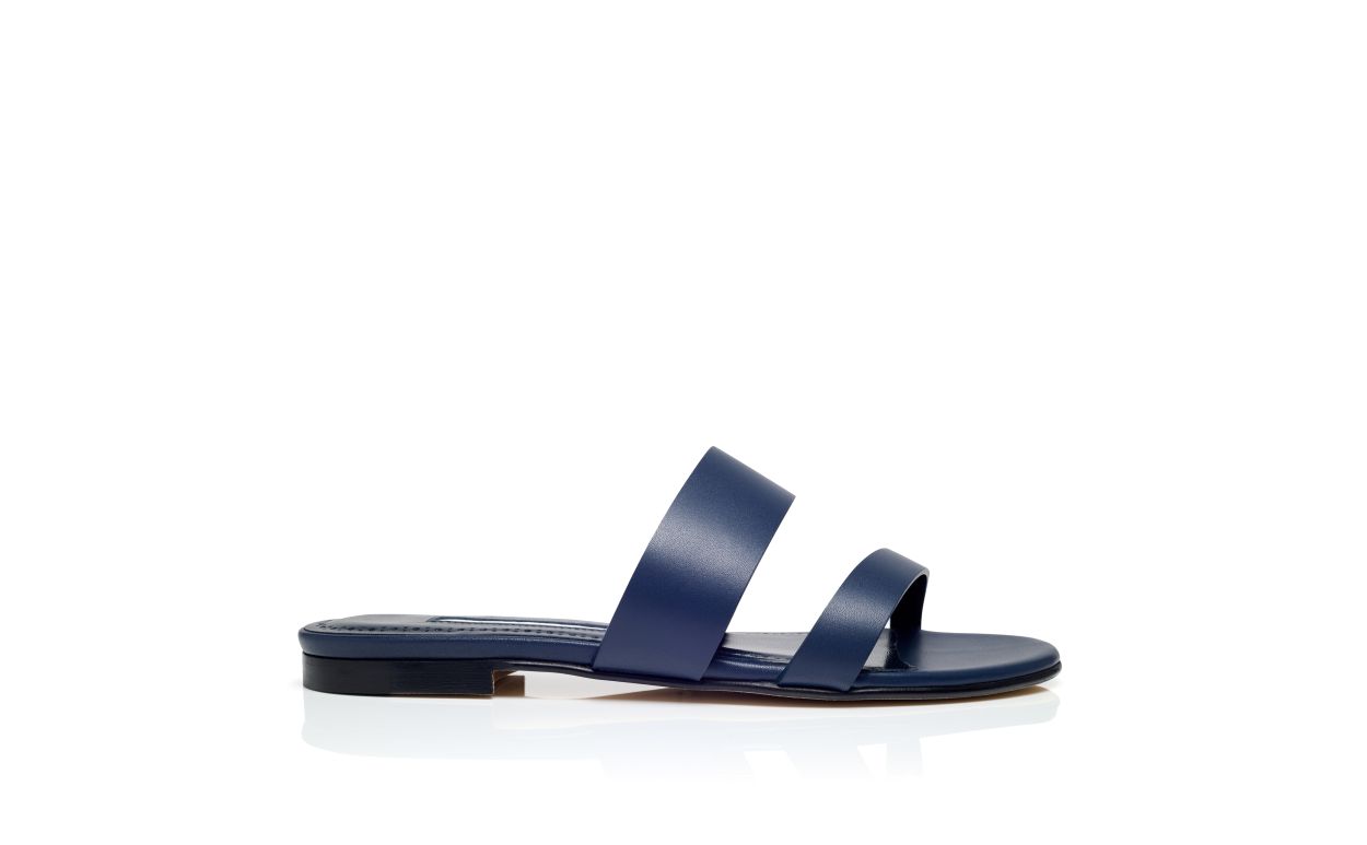 Manolo Blahnik Serrato Navy Blue Calf Leather Flat Sandals